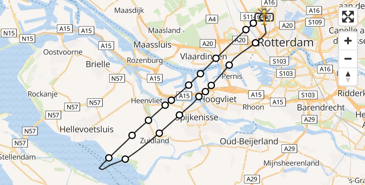 Vluchtroute Traumahelikopter Rotterdam The Hague Airport - Rotterdam The Hague Airport, 21 mei 2026, 10:57