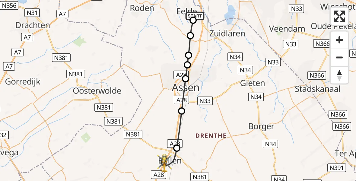 Vluchtroute Traumahelikopter Groningen Airport Eelde - Beilen, 21 mei 2026, 11:12