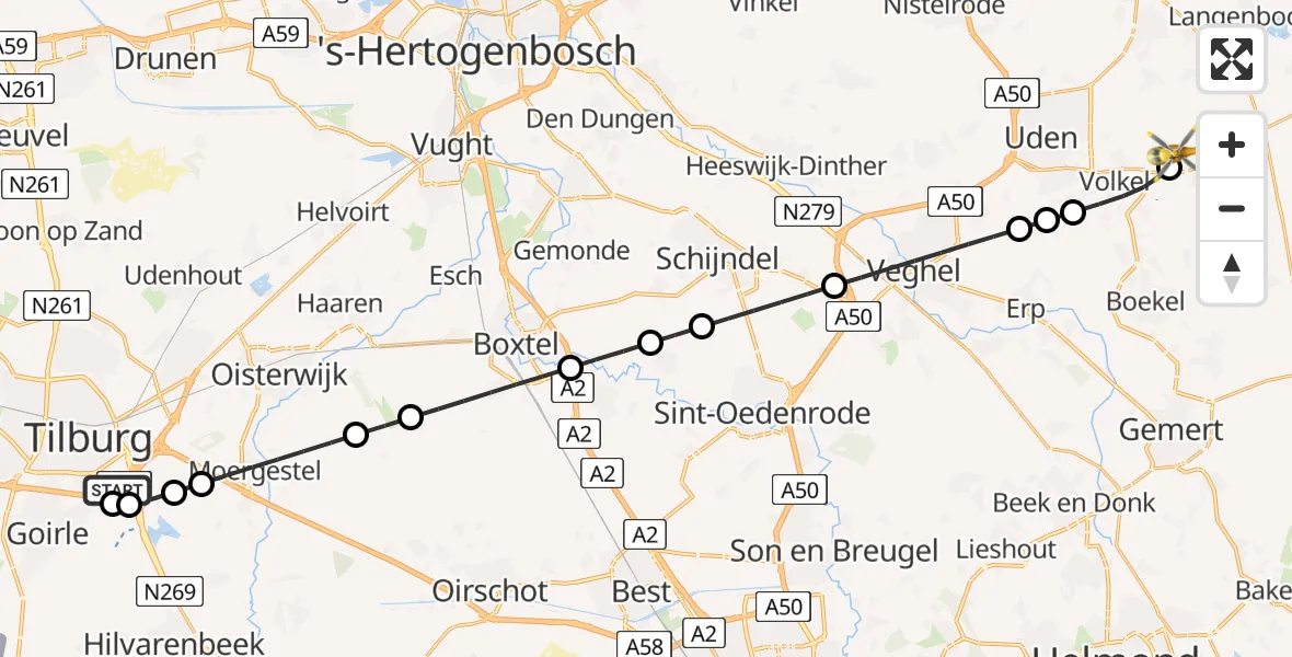 Vluchtroute Traumahelikopter St. Elisabeth Hospital Heliport - Vliegbasis Volkel, 21 mei 2026, 11:20