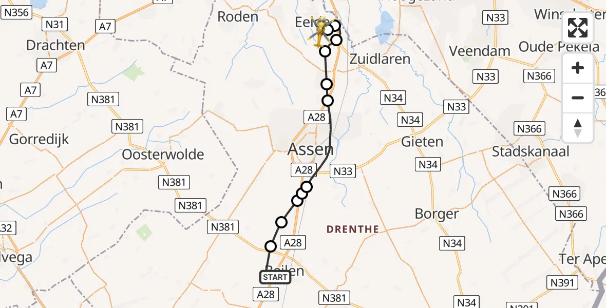 Vluchtroute Traumahelikopter Beilen - Groningen Airport Eelde, 21 mei 2026, 11:26