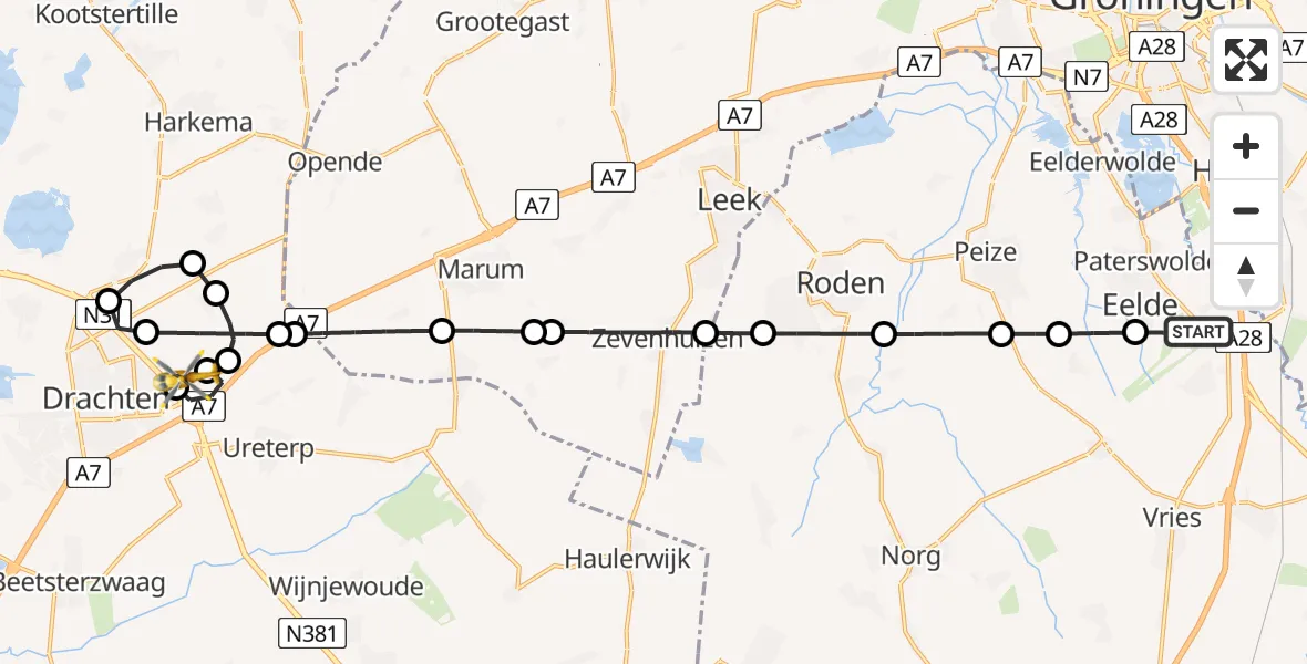 Vluchtroute Traumahelikopter Groningen Airport Eelde - Drachten, 21 mei 2026, 12:27