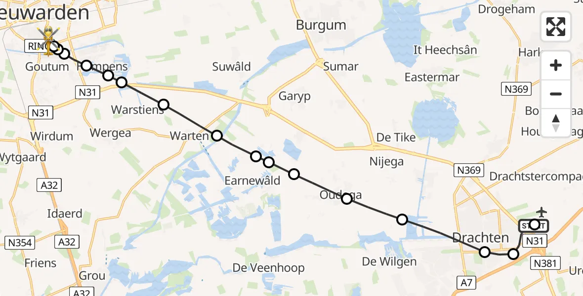 Vluchtroute Traumahelikopter Vliegveld Drachten - Leeuwarden Medical Center Heliport, 21 mei 2026, 12:43