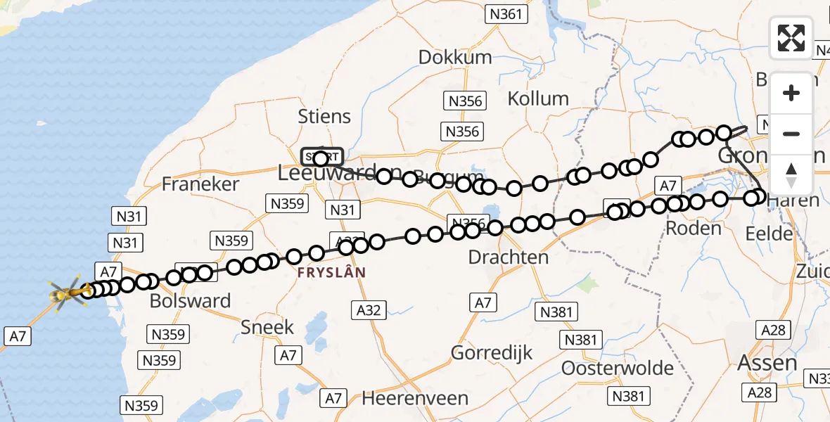 Vluchtroute Traumahelikopter Vliegbasis Leeuwarden - Kornwerderzand, 21 mei 2026, 13:25