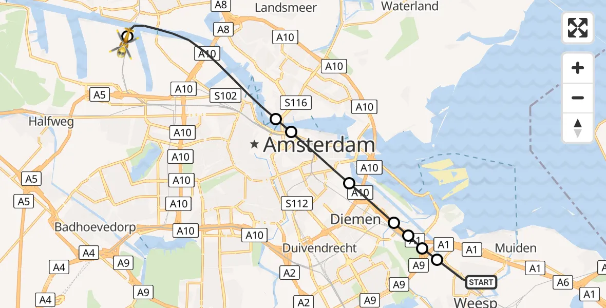 Vluchtroute Traumahelikopter Weesp - Amsterdam Heliport, 21 mei 2026, 13:59