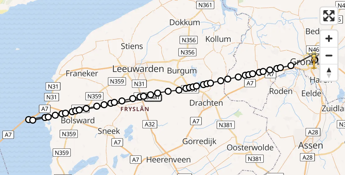 Vluchtroute Traumahelikopter Warten - Universitair Medisch Centrum Groningen, 21 mei 2026, 14:47