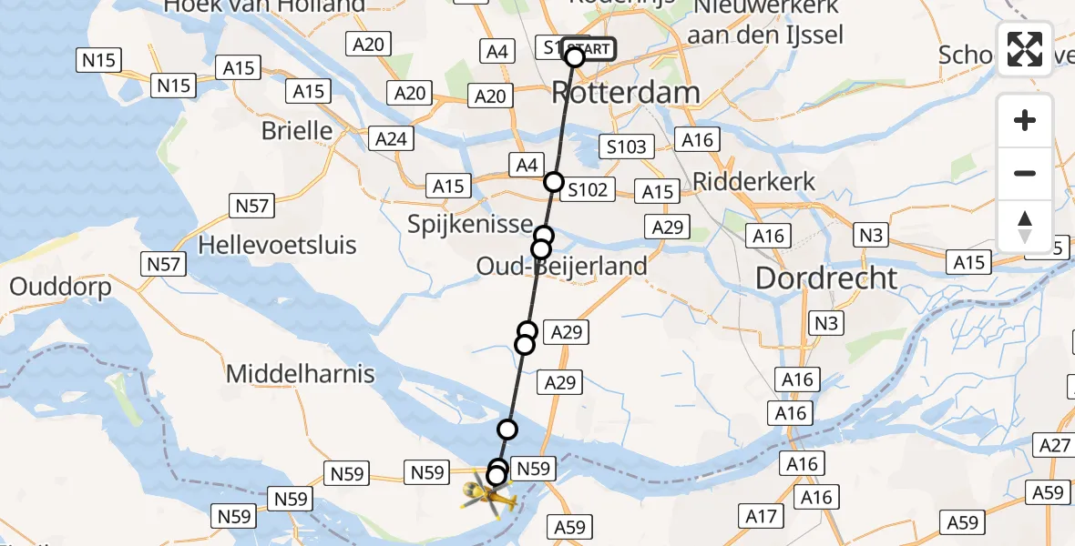 Vluchtroute Traumahelikopter Rotterdam The Hague Airport - Ooltgensplaat, 21 mei 2026, 14:52