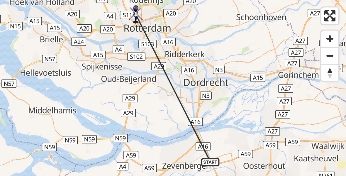 Vluchtroute Politiehelikopter Zevenbergschen Hoek - Rotterdam The Hague Airport, 21 mei 2026, 15:02