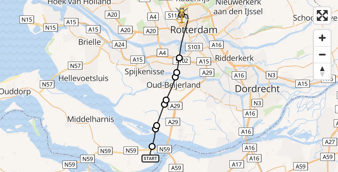 Vluchtroute Traumahelikopter Ooltgensplaat - Rotterdam The Hague Airport, 21 mei 2026, 15:27