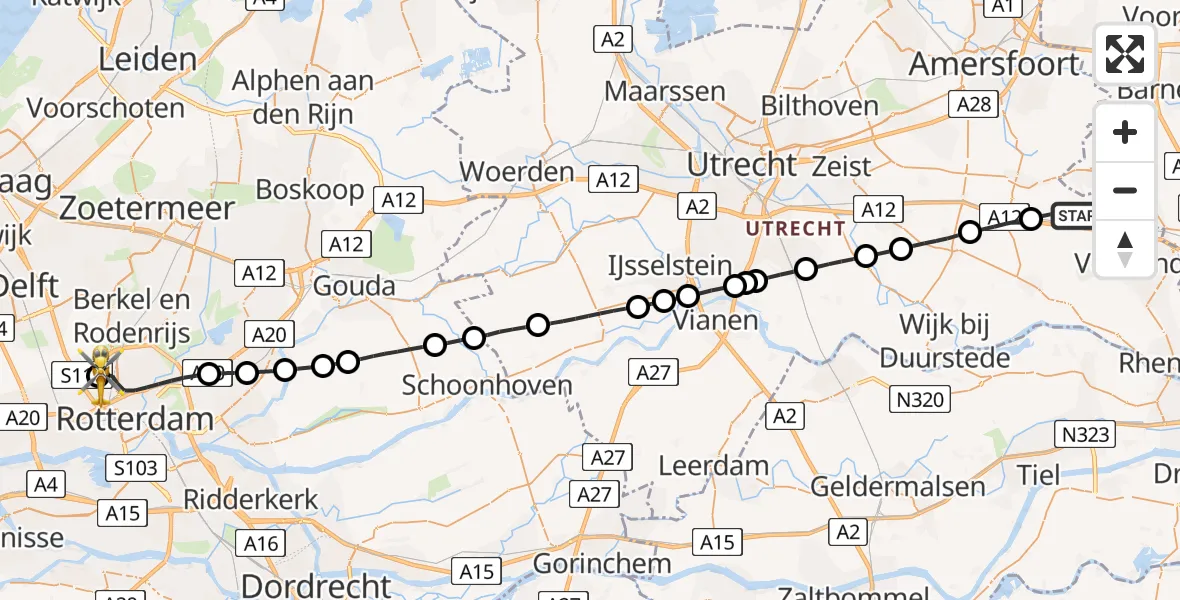 Vluchtroute Traumahelikopter Woudenberg - Rotterdam The Hague Airport, 21 mei 2026, 16:52