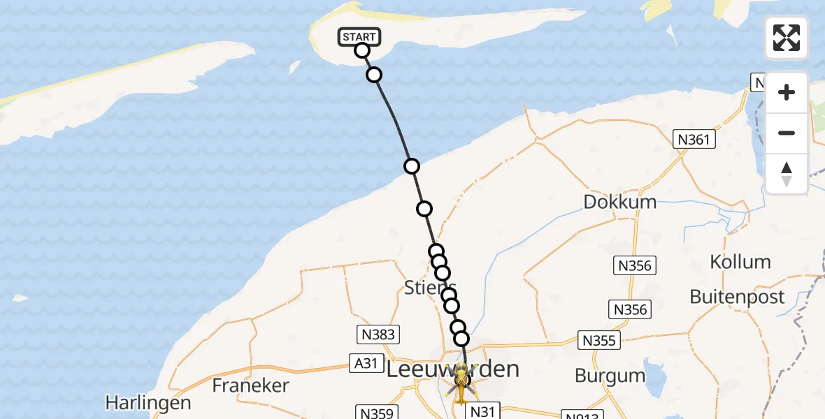 Vluchtroute Ambulancehelikopter Ameland Vliegveld Ballum - Leeuwarden Medical Center Heliport, 21 mei 2026, 17:17