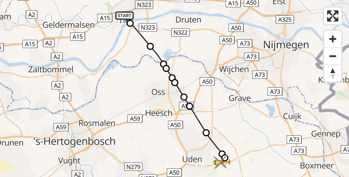 Vluchtroute Traumahelikopter Tiel - Vliegbasis Volkel, 21 mei 2026, 17:19