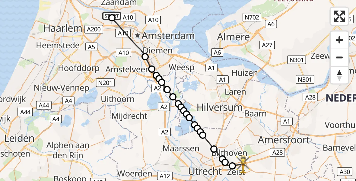 Vluchtroute Traumahelikopter Amsterdam Heliport - Zeist, 21 mei 2026, 17:32