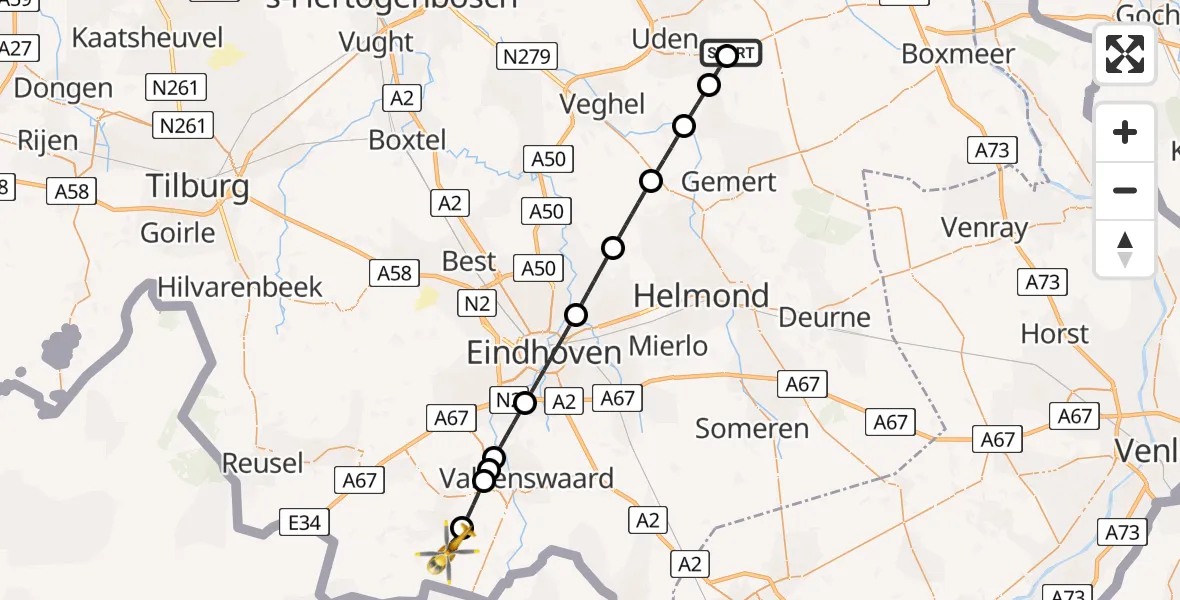 Vluchtroute Traumahelikopter Vliegbasis Volkel - Bergeijk, 21 mei 2026, 17:55