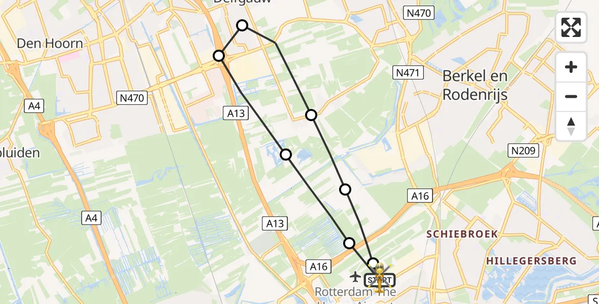 Vluchtroute Traumahelikopter Rotterdam The Hague Airport - Rotterdam The Hague Airport, 21 mei 2026, 19:13