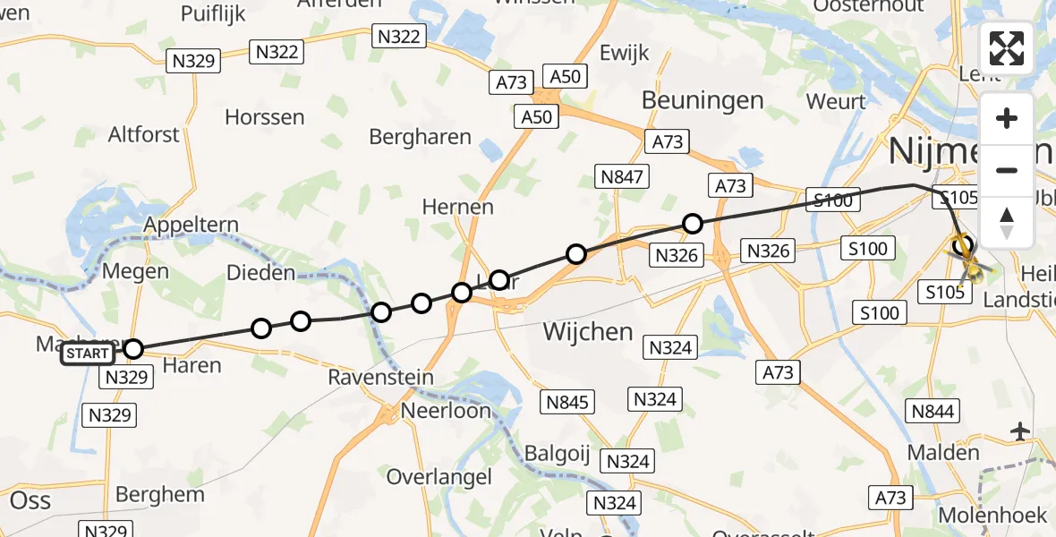 Vluchtroute Traumahelikopter Macharen - Radboud University Medical Center Heliport, 21 mei 2026, 19:16