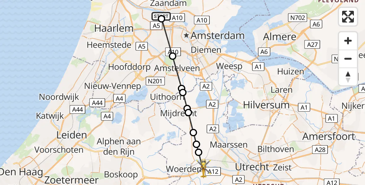 Vluchtroute Traumahelikopter Amsterdam Heliport - Harmelen, 21 mei 2026, 19:23