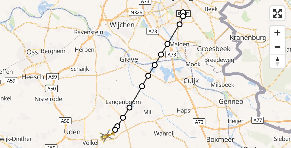 Vluchtroute Traumahelikopter Radboud Universitair Medisch Centrum - Vliegbasis Volkel, 21 mei 2026, 19:50