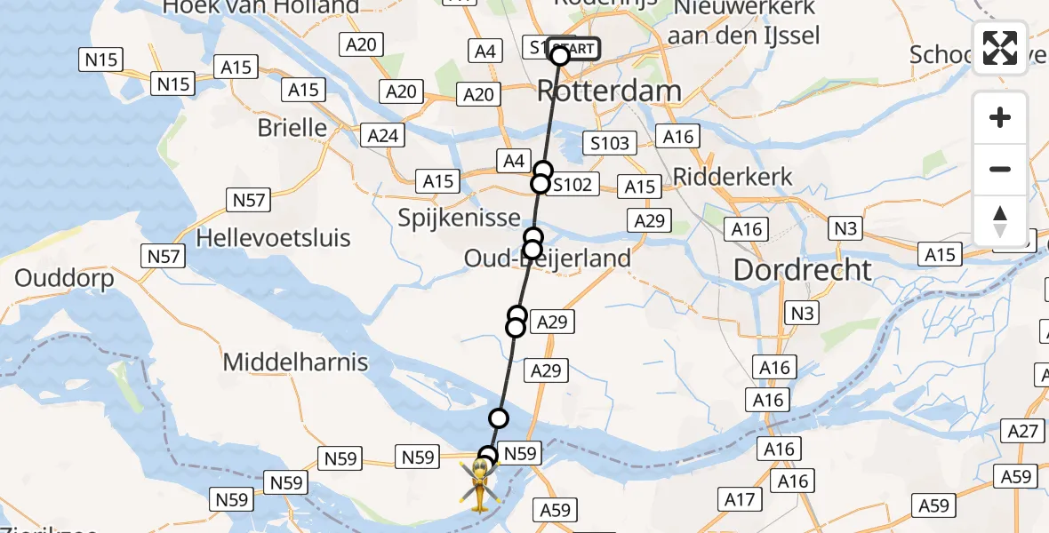 Vluchtroute Traumahelikopter Rotterdam The Hague Airport - Ooltgensplaat, 22 mei 2026, 06:37