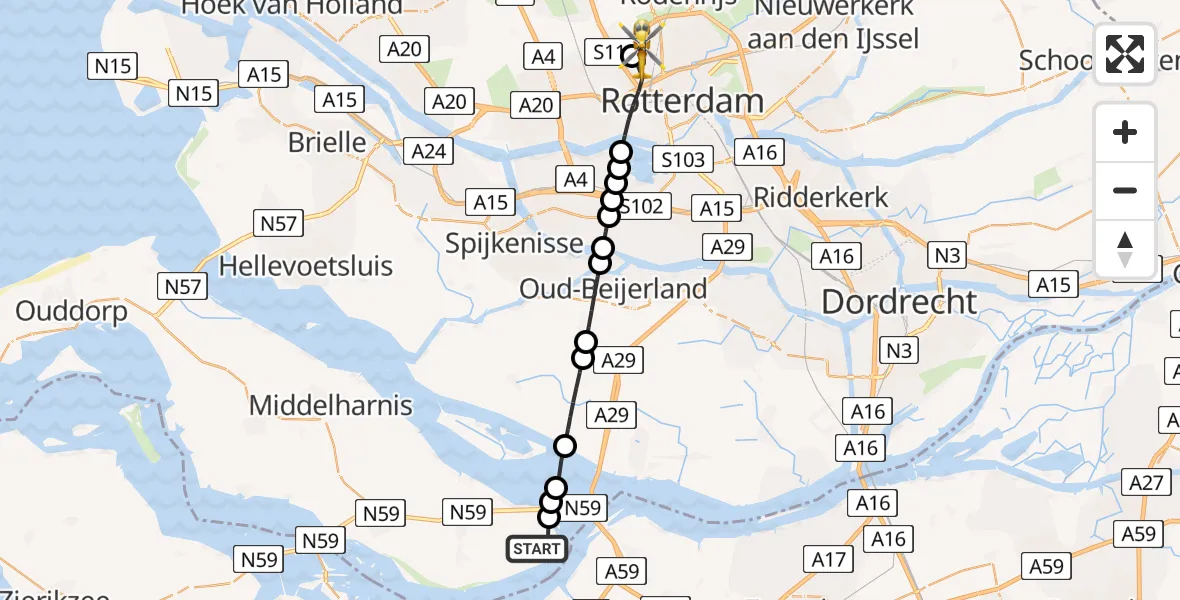 Vluchtroute Traumahelikopter Ooltgensplaat - Rotterdam The Hague Airport, 22 mei 2026, 07:07