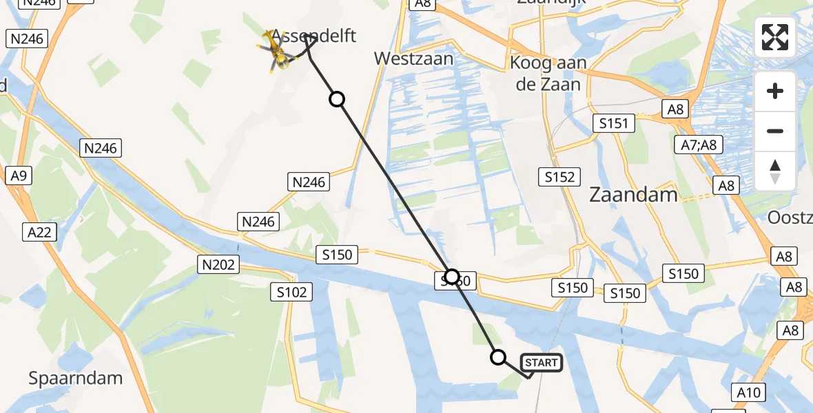 Vluchtroute Traumahelikopter Amsterdam Heliport - Assendelft, 22 mei 2026, 07:13