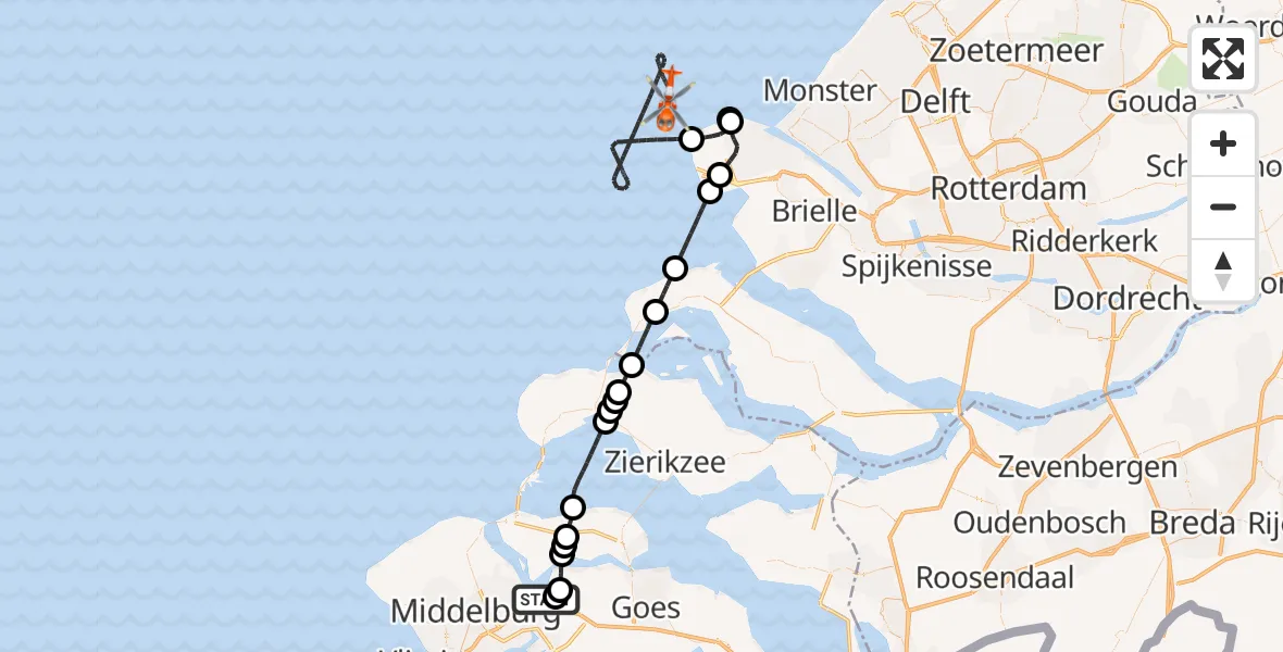 Vluchtroute Kustwachthelikopter Vliegveld Midden-Zeeland - Noordzee, 22 mei 2026, 11:13