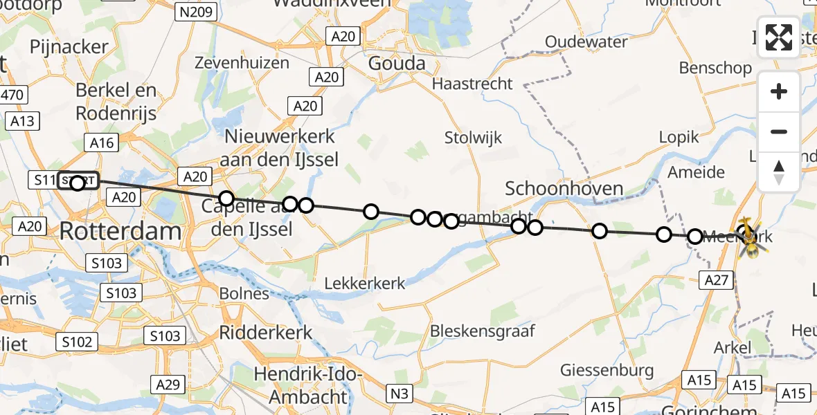 Vluchtroute Traumahelikopter Rotterdam The Hague Airport - Meerkerk, 22 mei 2026, 12:05