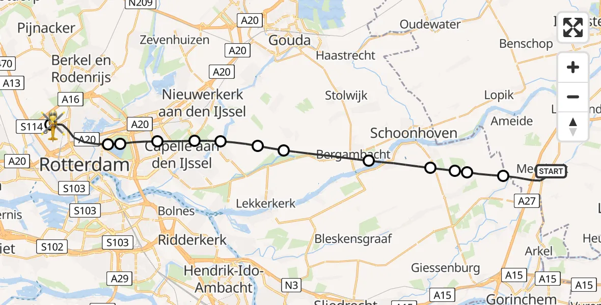 Vluchtroute Traumahelikopter Meerkerk - Rotterdam The Hague Airport, 22 mei 2026, 12:35