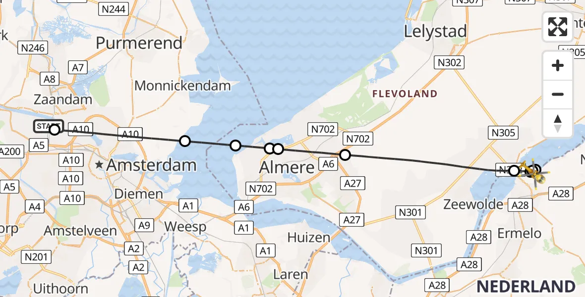 Vluchtroute Traumahelikopter Amsterdam Heliport - Harderwijk, 22 mei 2026, 12:55