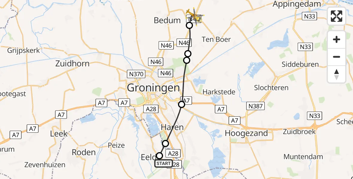 Vluchtroute Traumahelikopter Groningen Airport Eelde - Bedum, 22 mei 2026, 13:23