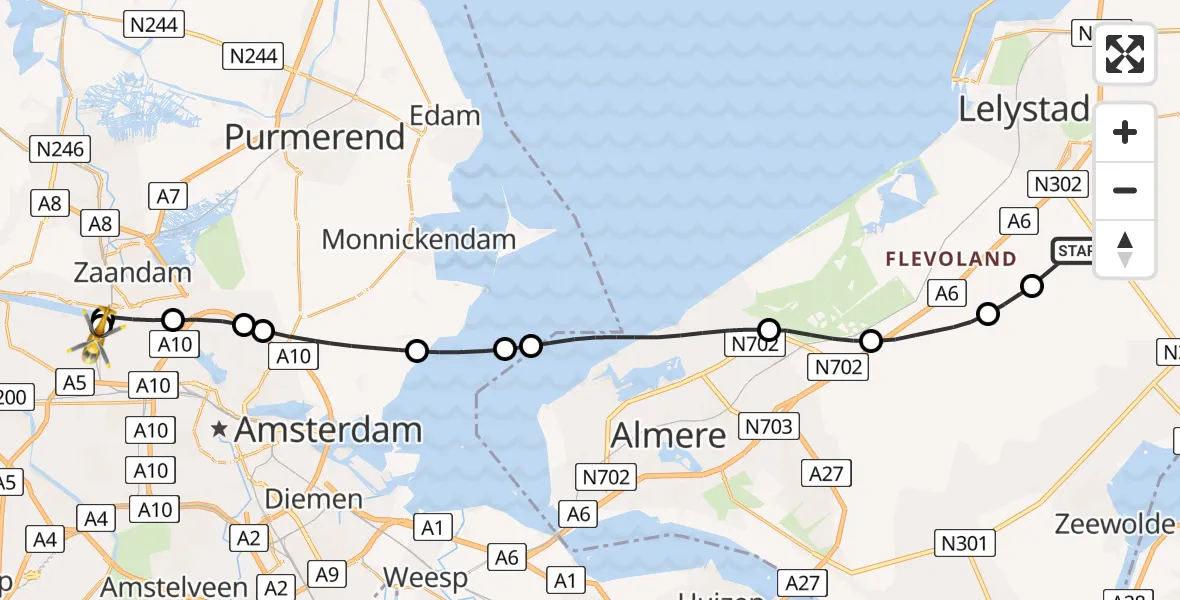 Vluchtroute Traumahelikopter Lelystad Airport - Amsterdam Heliport, 22 mei 2026, 13:24