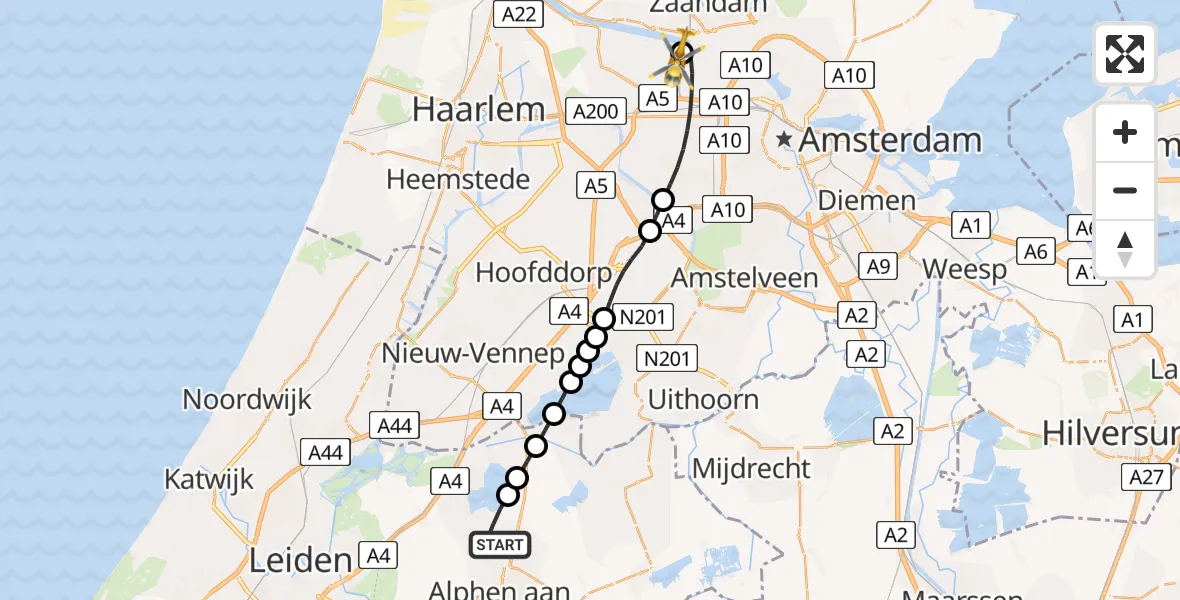 Vluchtroute Traumahelikopter Woubrugge - Amsterdam Heliport, 22 mei 2026, 14:51