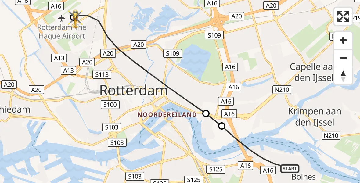 Vluchtroute Traumahelikopter Rotterdam - Rotterdam The Hague Airport, 22 mei 2026, 15:37