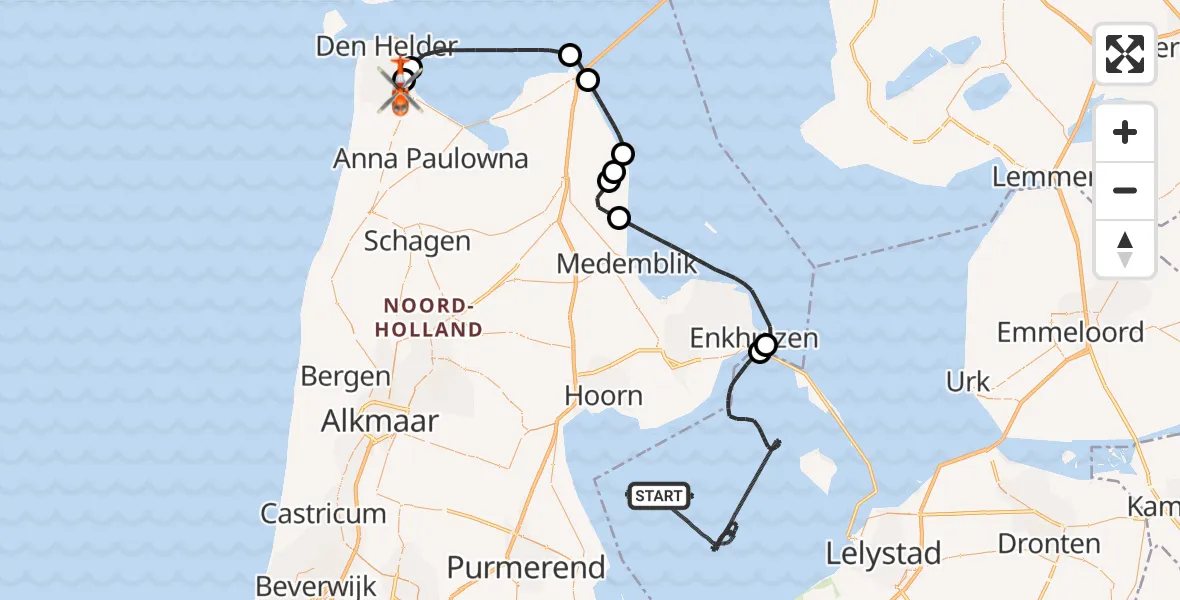 Vluchtroute Kustwachthelikopter Markermeer - Militair vliegveld De Kooy / Den Helder Airport, 22 mei 2026, 17:19
