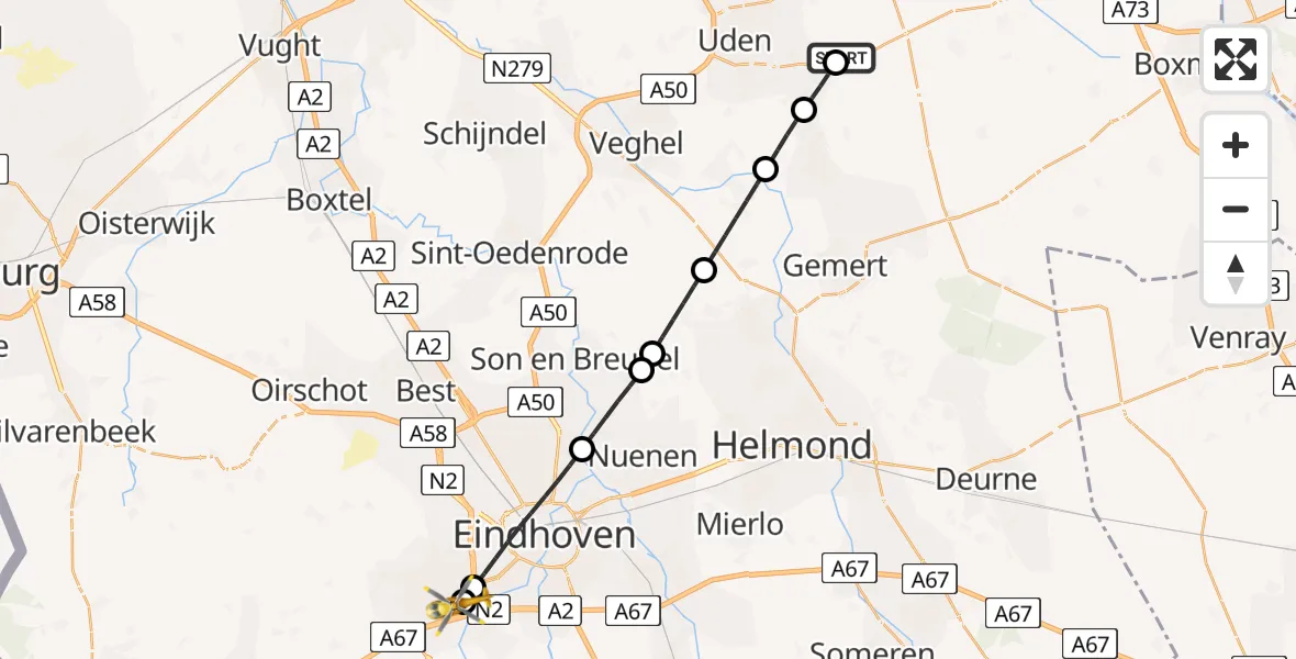 Vluchtroute Traumahelikopter Vliegbasis Volkel - Maxima Medisch Centrum Heliport, 22 mei 2026, 19:09