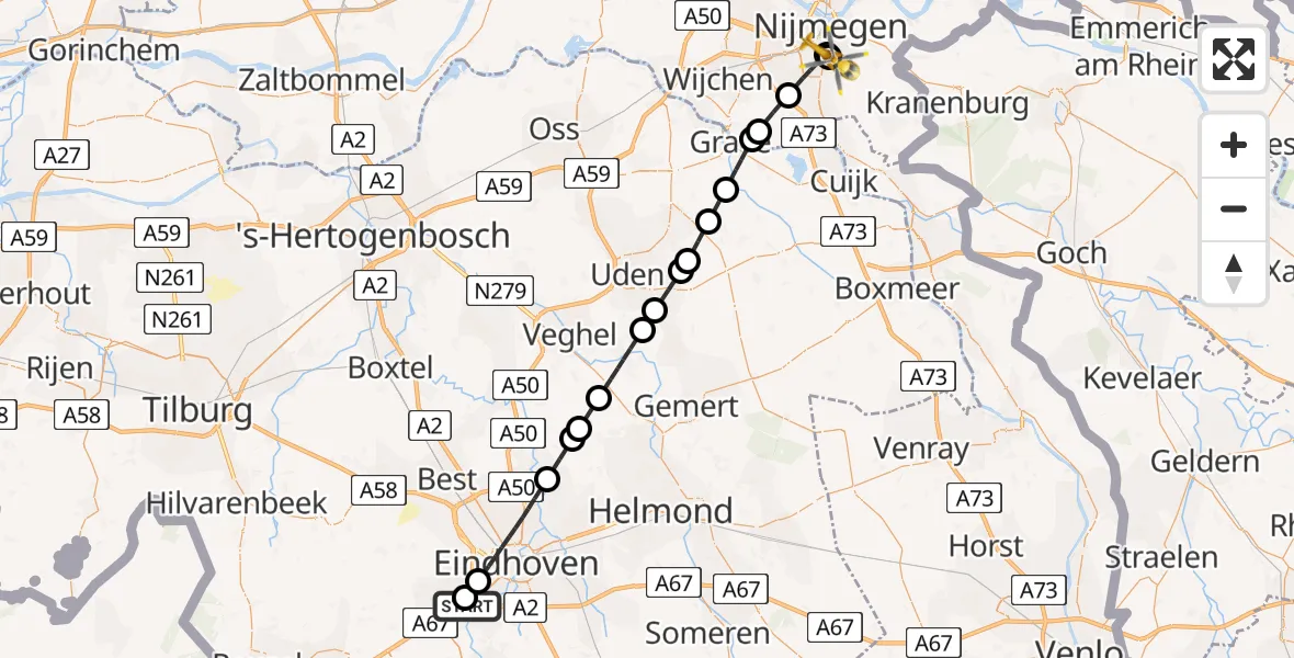Vluchtroute Traumahelikopter Maxima Medisch Centrum Heliport - Radboud University Medical Center Heliport, 22 mei 2026, 19:31