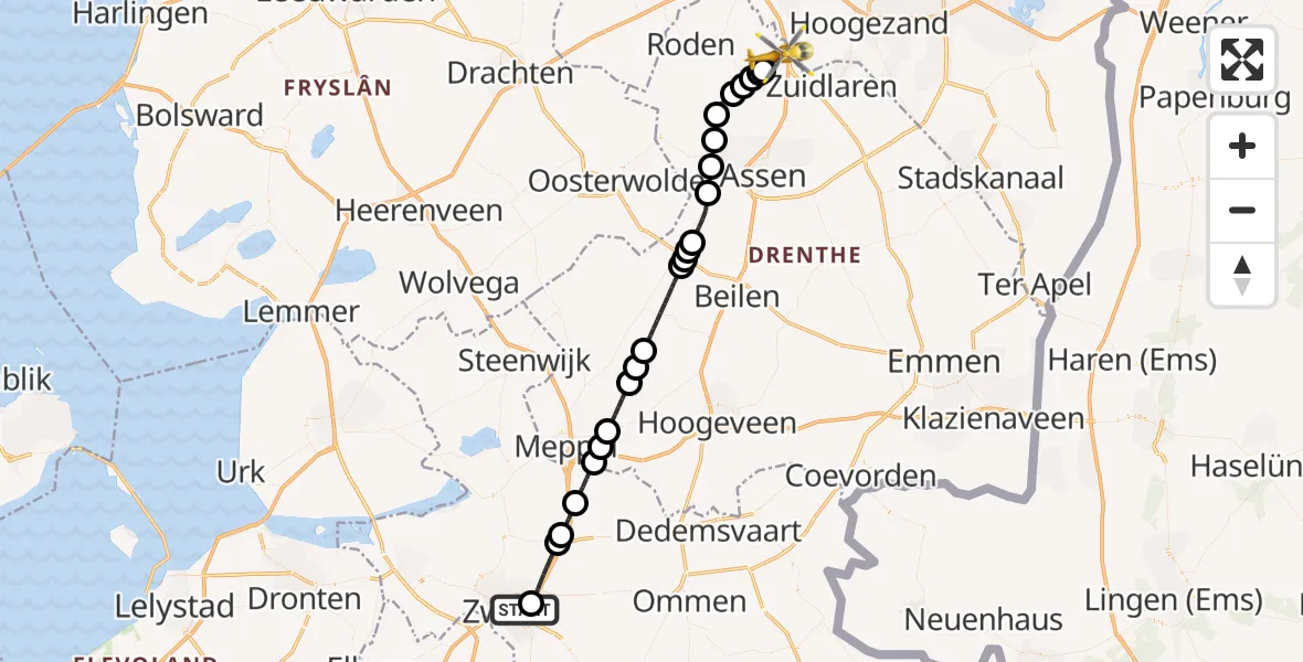Vluchtroute Traumahelikopter Isala Hospital Zwolle Heliport - Groningen Airport Eelde, 22 mei 2026, 20:13
