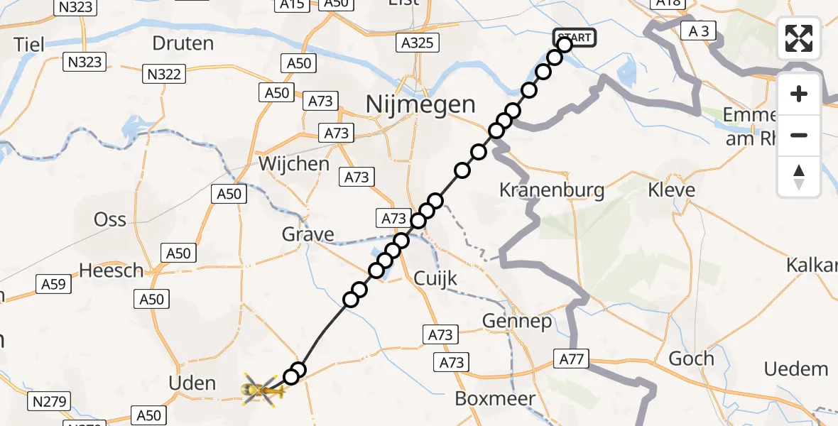 Vluchtroute Traumahelikopter Pannerden - Vliegbasis Volkel, 22 mei 2026, 20:45