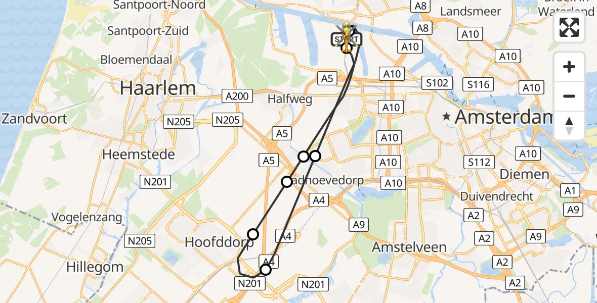 Vluchtroute Traumahelikopter Amsterdam Heliport - Amsterdam Heliport, 22 mei 2026, 23:45