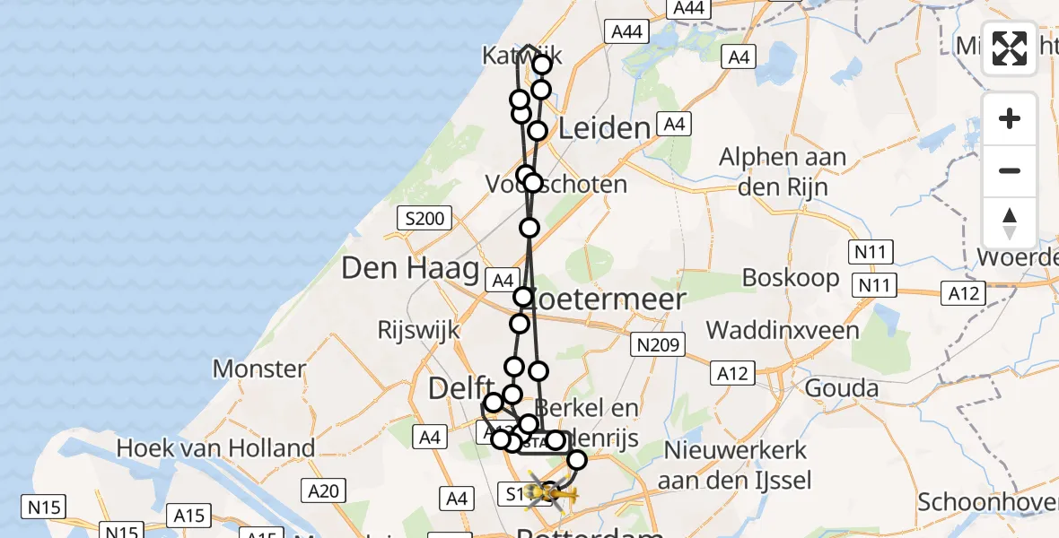 Vluchtroute Traumahelikopter Berkel en Rodenrijs - Rotterdam The Hague Airport, 23 mei 2026, 05:21