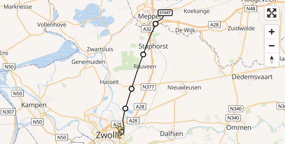 Vluchtroute Traumahelikopter Meppel - Isala Hospital Zwolle Heliport, 23 mei 2026, 07:13