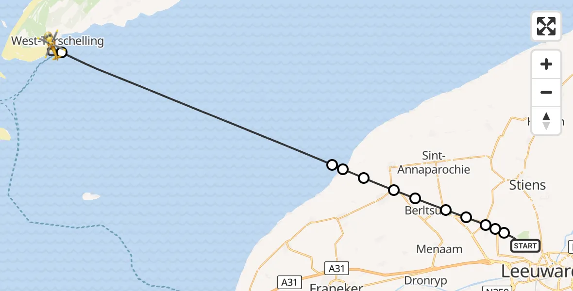 Vluchtroute Ambulancehelikopter Vliegbasis Leeuwarden - West-Terschelling, 23 mei 2026, 07:26