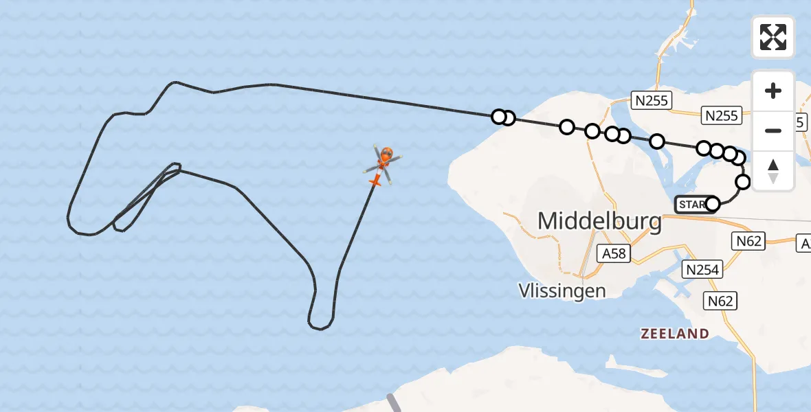 Vluchtroute Kustwachthelikopter Vliegveld Midden-Zeeland - Noordzee, 23 mei 2026, 07:46