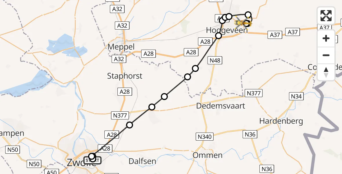 Vluchtroute Traumahelikopter Isala Hospital Zwolle Heliport - Vliegveld Hoogeveen, 23 mei 2026, 08:12