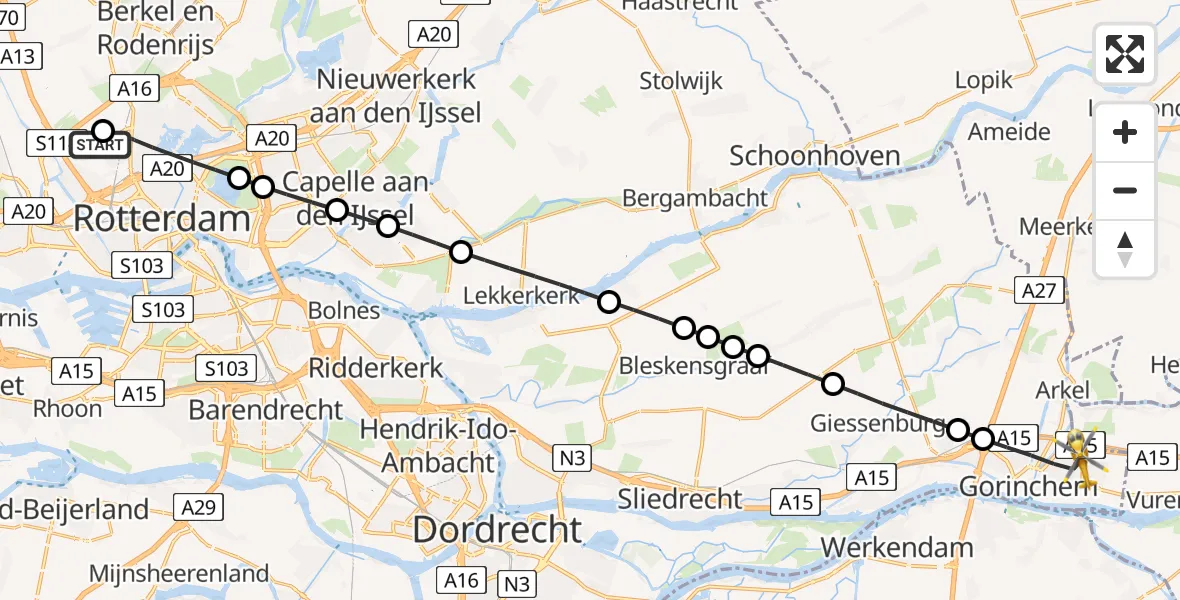 Vluchtroute Traumahelikopter Rotterdam The Hague Airport - Gorinchem, 23 mei 2026, 08:55