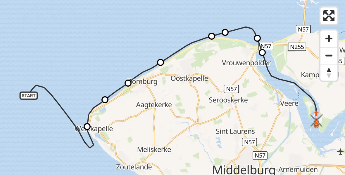 Vluchtroute Kustwachthelikopter Noordzee - Veerse Meer, 23 mei 2026, 08:58