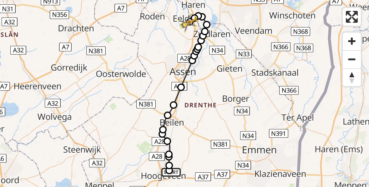 Vluchtroute Traumahelikopter Vliegveld Hoogeveen - Groningen Airport Eelde, 23 mei 2026, 09:16