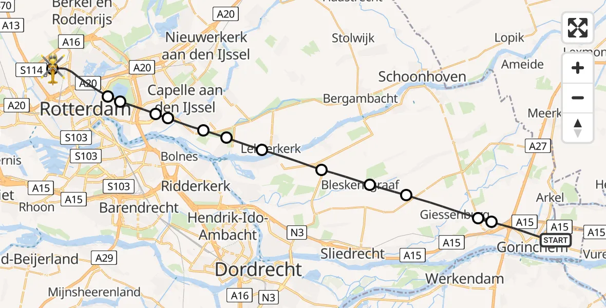 Vluchtroute Traumahelikopter Gorinchem - Rotterdam The Hague Airport, 23 mei 2026, 09:46