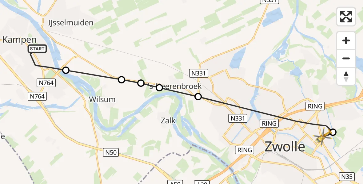 Vluchtroute Traumahelikopter Kampen - Isala Hospital Zwolle Heliport, 23 mei 2026, 11:02