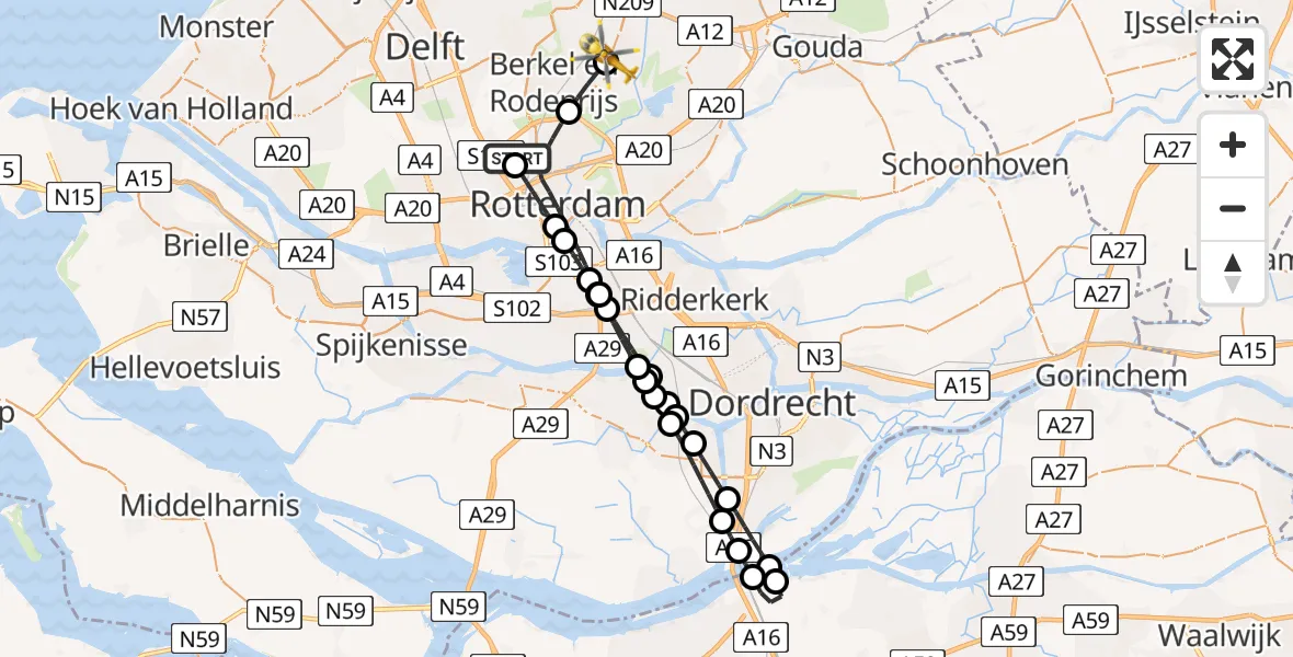 Vluchtroute Traumahelikopter Rotterdam The Hague Airport - Bleiswijk, 23 mei 2026, 11:33