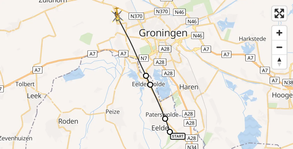 Vluchtroute Traumahelikopter Groningen Airport Eelde - Groningen, 23 mei 2026, 11:39